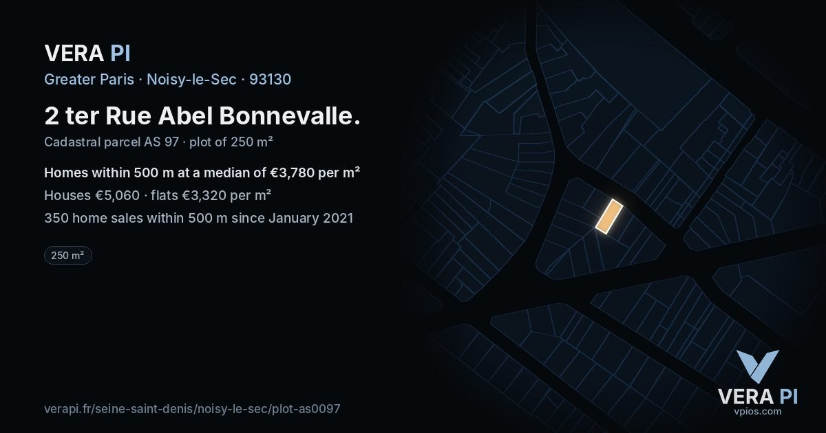 2 ter Rue Abel Bonnevalle, Noisy-le-Sec at night – the plot lit, the parcels around coloured by the prices near them