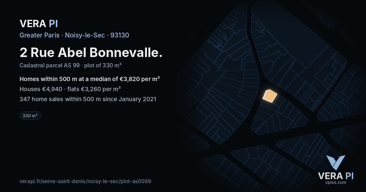 2 Rue Abel Bonnevalle, Noisy-le-Sec at night – the plot lit, the parcels around coloured by the prices near them