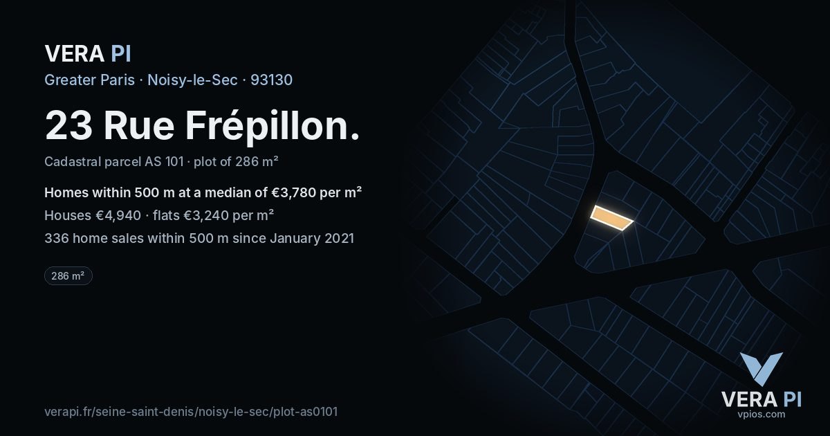 23 Rue Frépillon, Noisy-le-Sec at night – the plot lit, the parcels around coloured by the prices near them