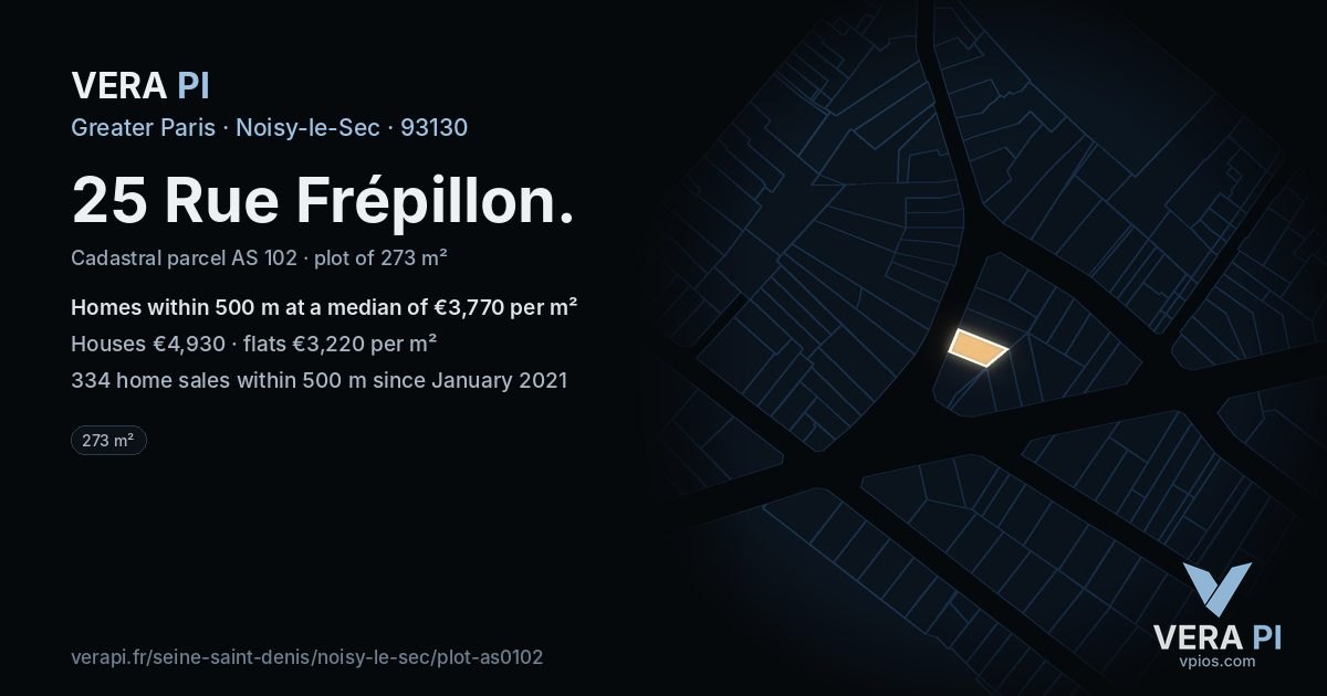 25 Rue Frépillon, Noisy-le-Sec at night – the plot lit, the parcels around coloured by the prices near them