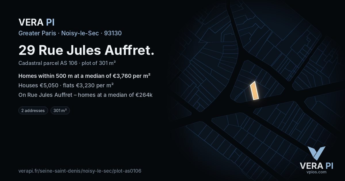 29 Rue Jules Auffret, Noisy-le-Sec at night – the plot lit, the parcels around coloured by the prices near them