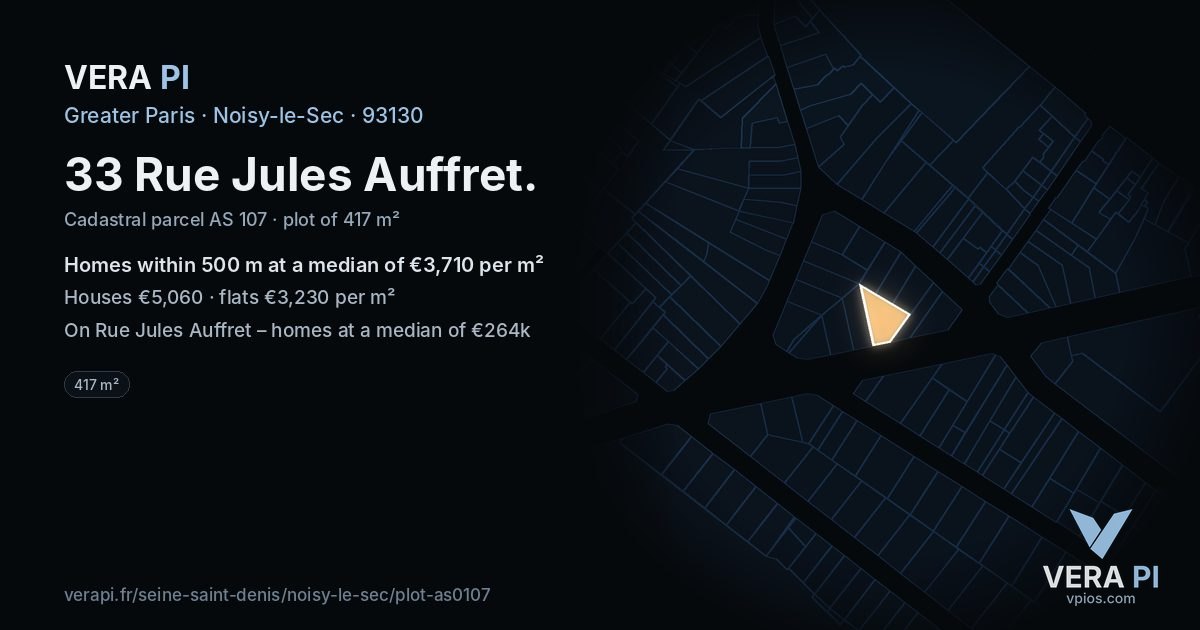 33 Rue Jules Auffret, Noisy-le-Sec at night – the plot lit, the parcels around coloured by the prices near them