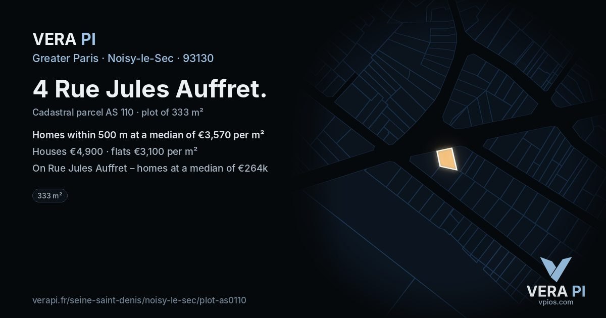 4 Rue Jules Auffret, Noisy-le-Sec at night – the plot lit, the parcels around coloured by the prices near them