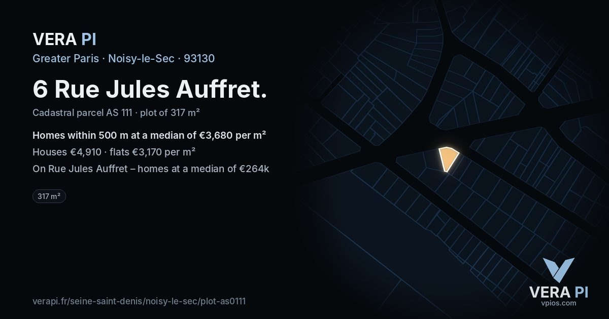 6 Rue Jules Auffret, Noisy-le-Sec at night – the plot lit, the parcels around coloured by the prices near them