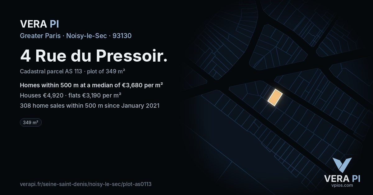 4 Rue du Pressoir, Noisy-le-Sec at night – the plot lit, the parcels around coloured by the prices near them