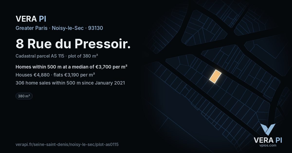 8 Rue du Pressoir, Noisy-le-Sec at night – the plot lit, the parcels around coloured by the prices near them