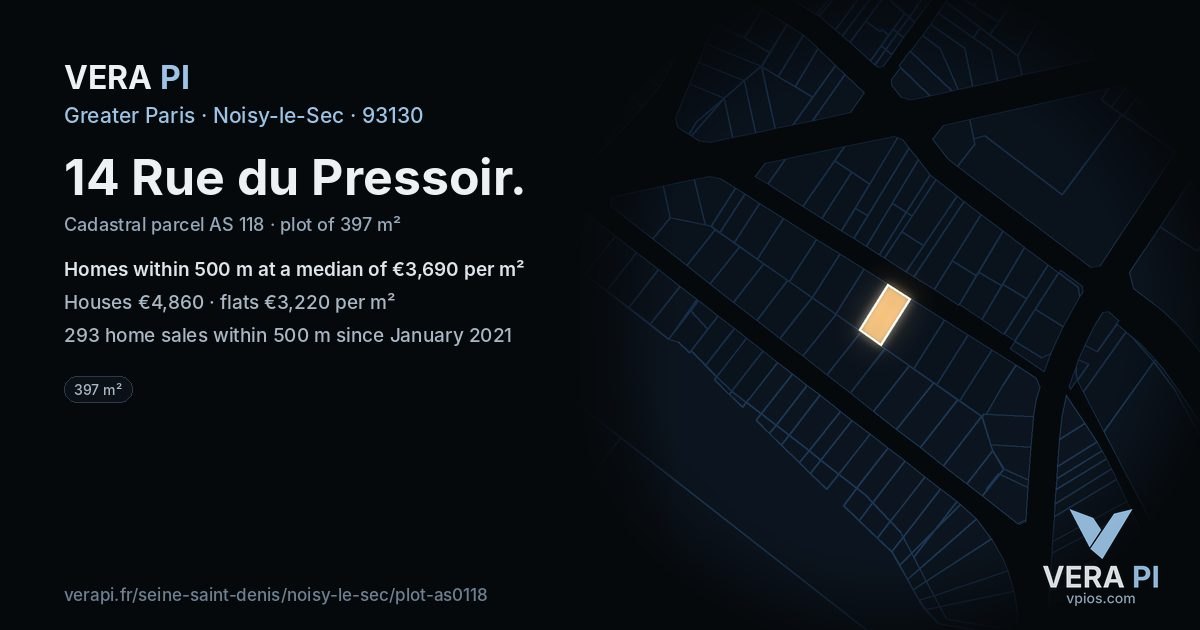 14 Rue du Pressoir, Noisy-le-Sec at night – the plot lit, the parcels around coloured by the prices near them