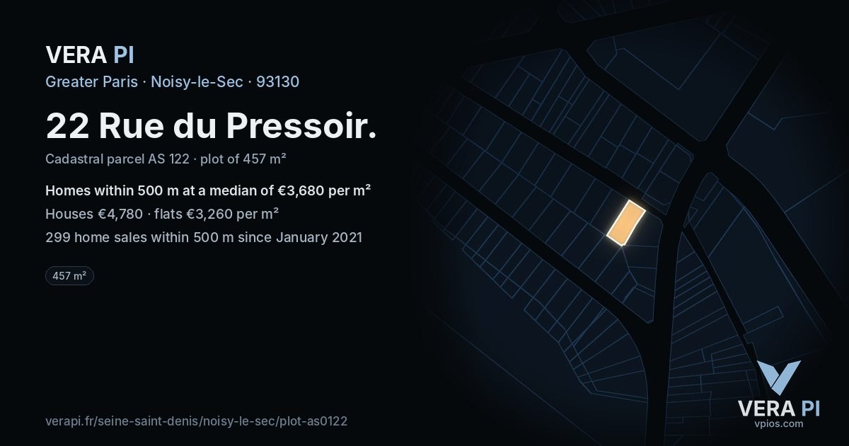 22 Rue du Pressoir, Noisy-le-Sec at night – the plot lit, the parcels around coloured by the prices near them