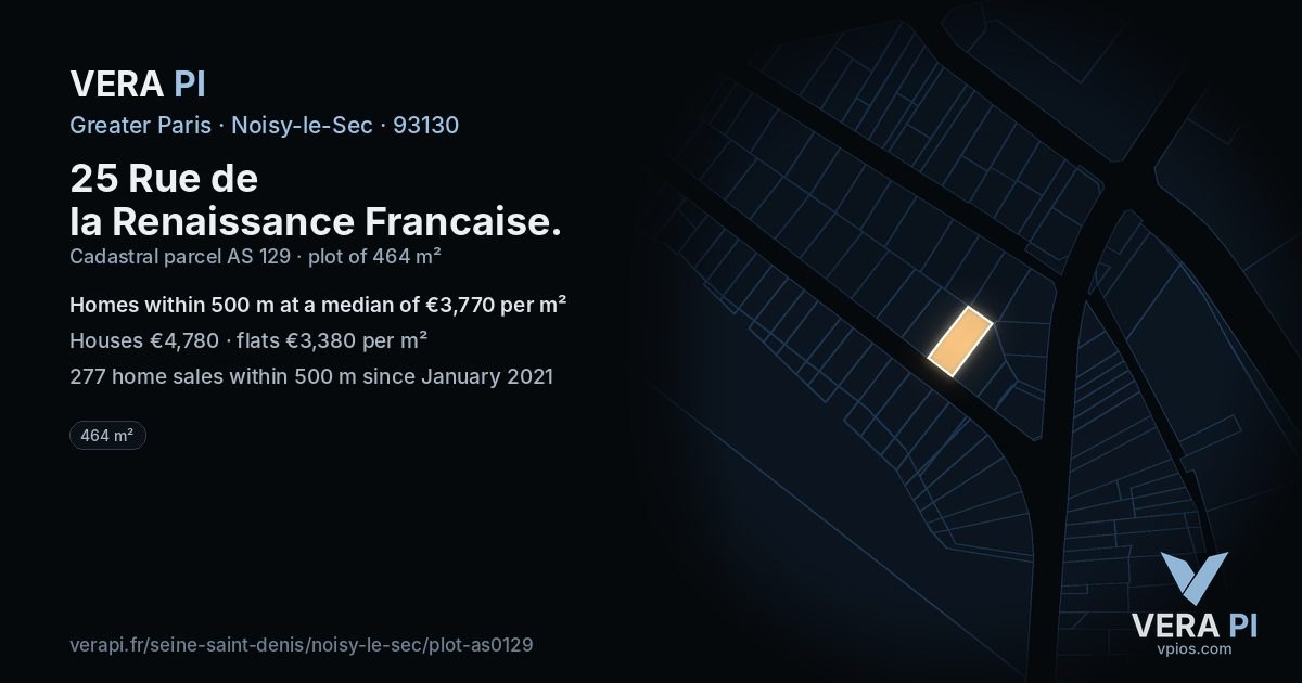 25 Rue de la Renaissance Francaise, Noisy-le-Sec at night – the plot lit, the parcels around coloured by the prices near them