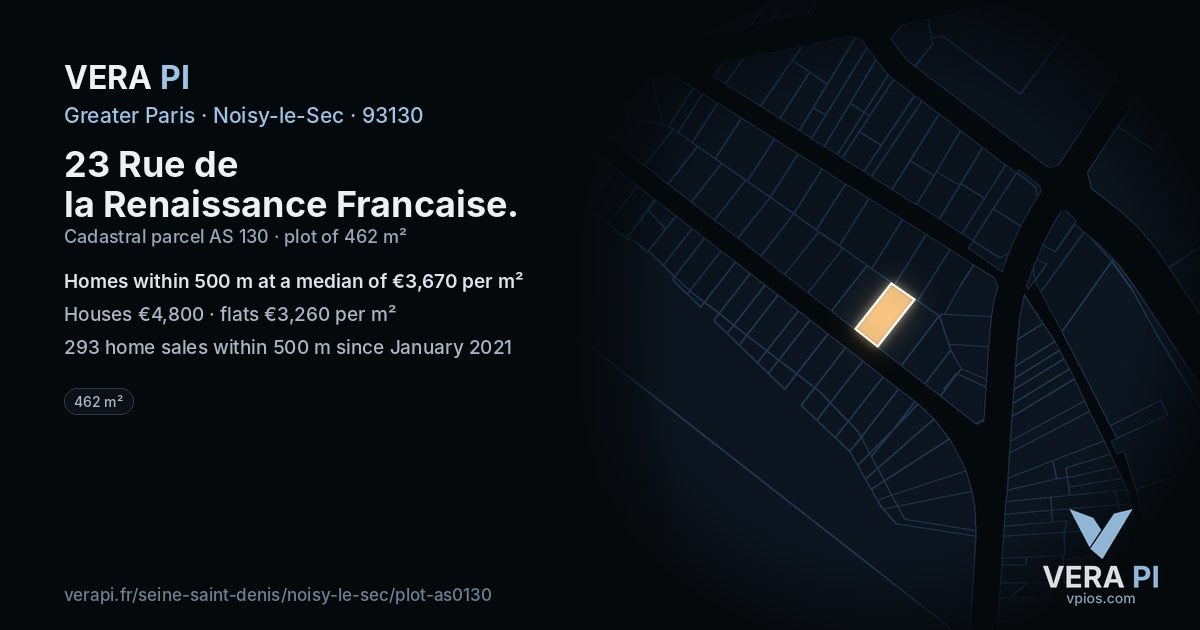 23 Rue de la Renaissance Francaise, Noisy-le-Sec at night – the plot lit, the parcels around coloured by the prices near them