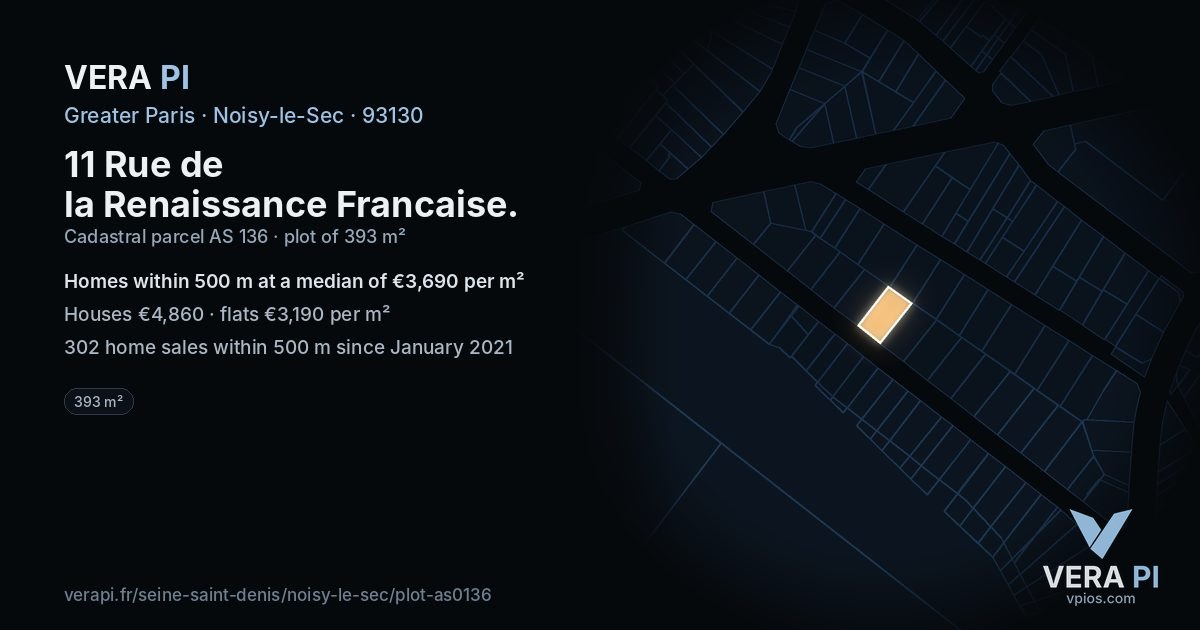 11 Rue de la Renaissance Francaise, Noisy-le-Sec at night – the plot lit, the parcels around coloured by the prices near them