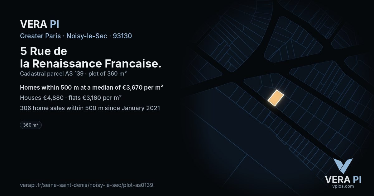 5 Rue de la Renaissance Francaise, Noisy-le-Sec at night – the plot lit, the parcels around coloured by the prices near them