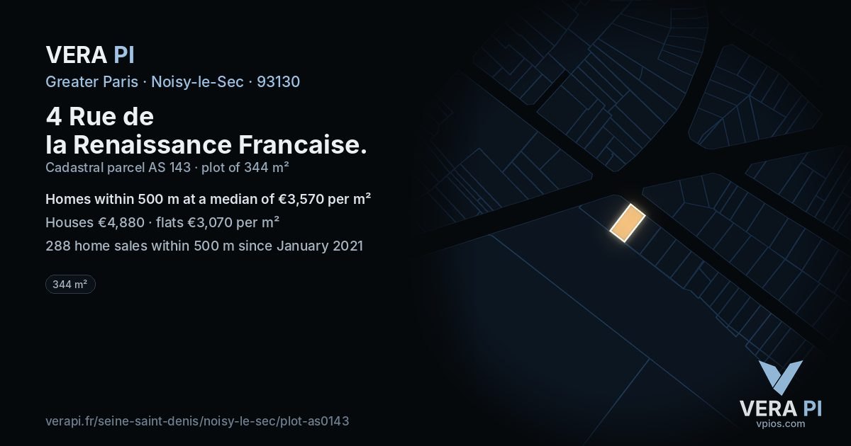 4 Rue de la Renaissance Francaise, Noisy-le-Sec at night – the plot lit, the parcels around coloured by the prices near them