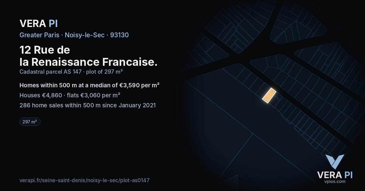 12 Rue de la Renaissance Francaise, Noisy-le-Sec at night – the plot lit, the parcels around coloured by the prices near them