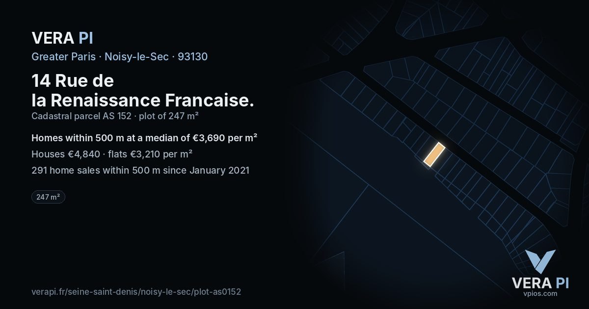 14 Rue de la Renaissance Francaise, Noisy-le-Sec at night – the plot lit, the parcels around coloured by the prices near them