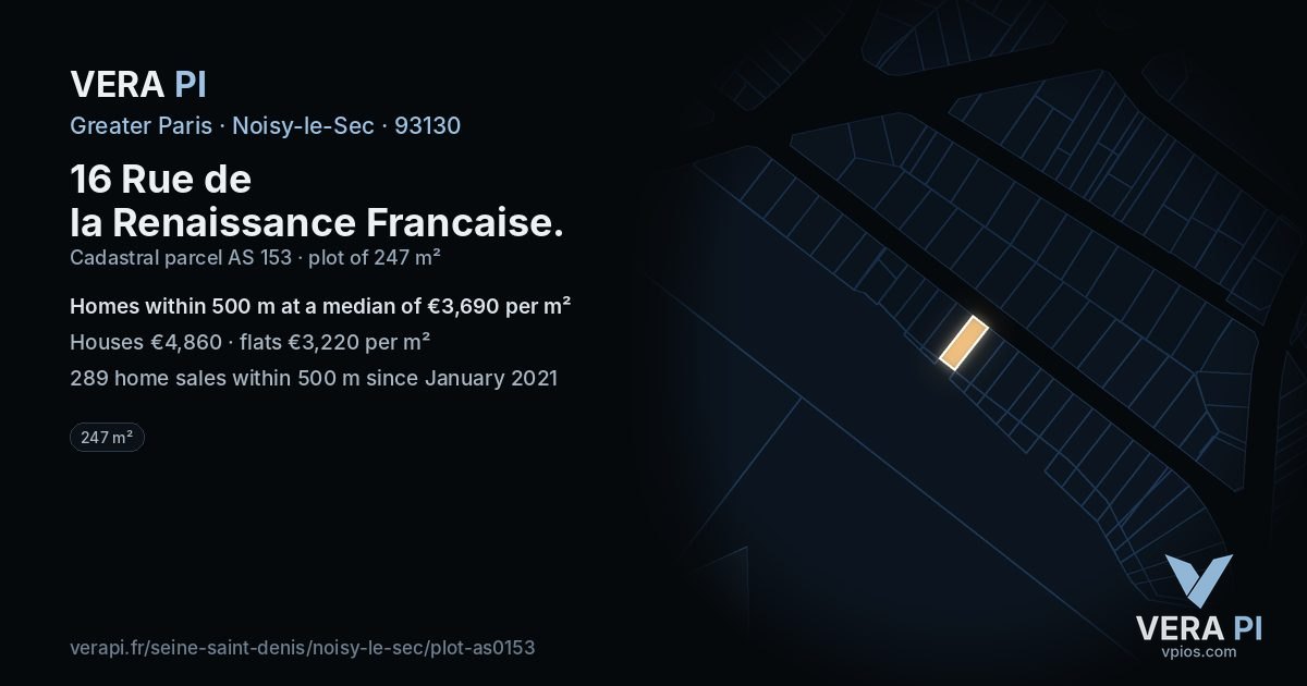 16 Rue de la Renaissance Francaise, Noisy-le-Sec at night – the plot lit, the parcels around coloured by the prices near them