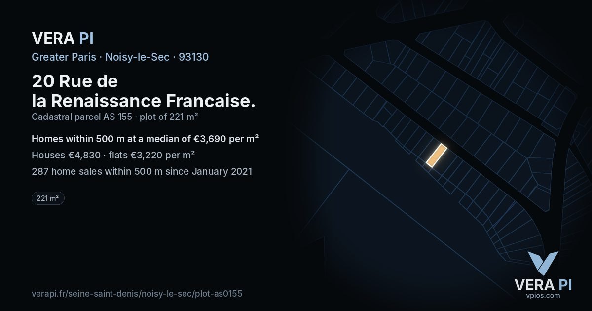 20 Rue de la Renaissance Francaise, Noisy-le-Sec at night – the plot lit, the parcels around coloured by the prices near them