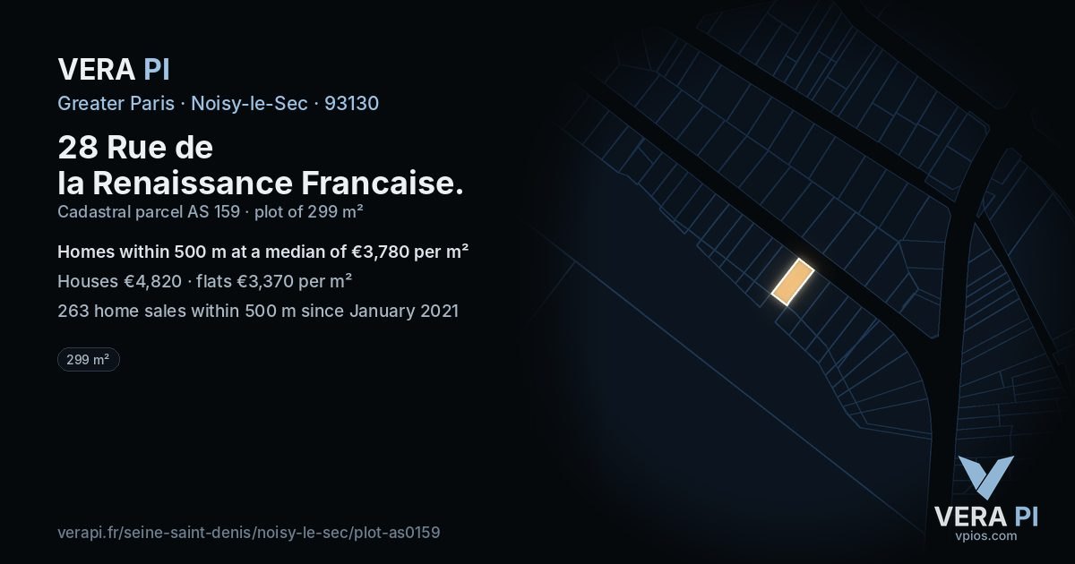 28 Rue de la Renaissance Francaise, Noisy-le-Sec at night – the plot lit, the parcels around coloured by the prices near them