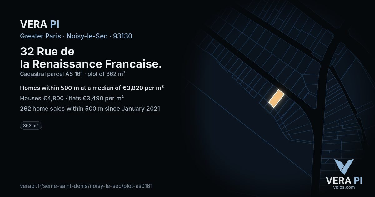 32 Rue de la Renaissance Francaise, Noisy-le-Sec at night – the plot lit, the parcels around coloured by the prices near them