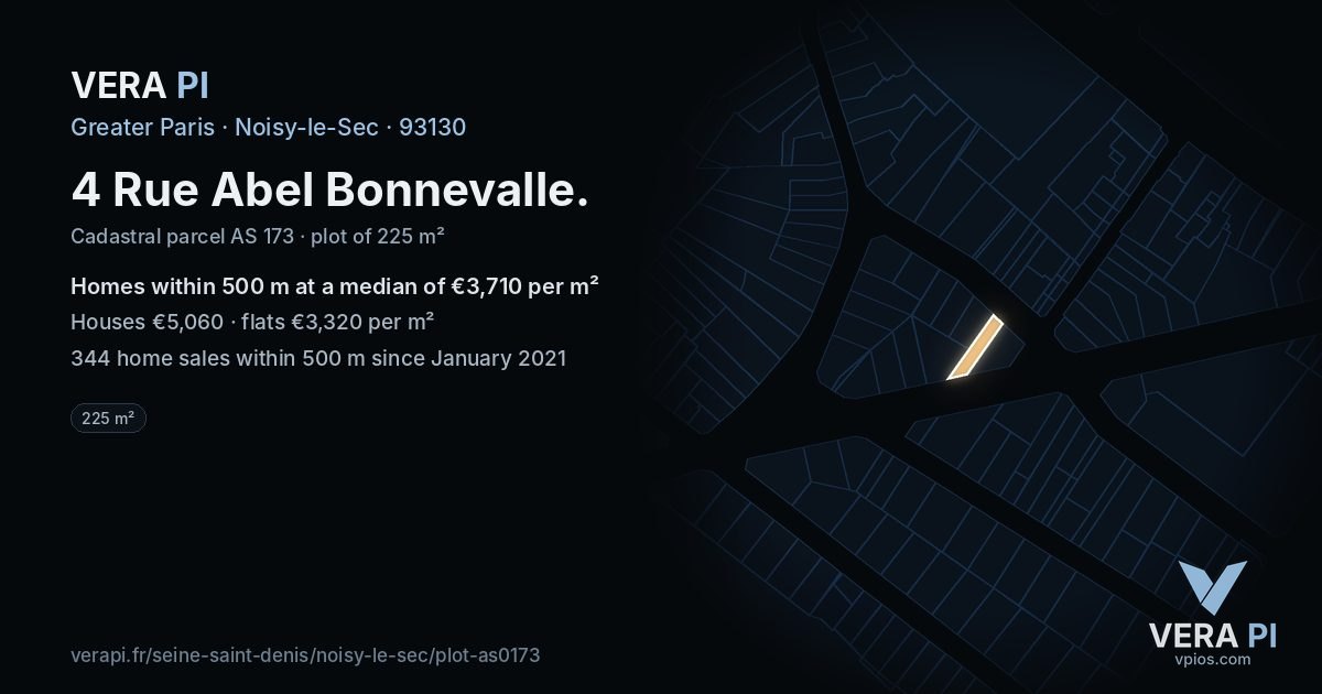4 Rue Abel Bonnevalle, Noisy-le-Sec at night – the plot lit, the parcels around coloured by the prices near them