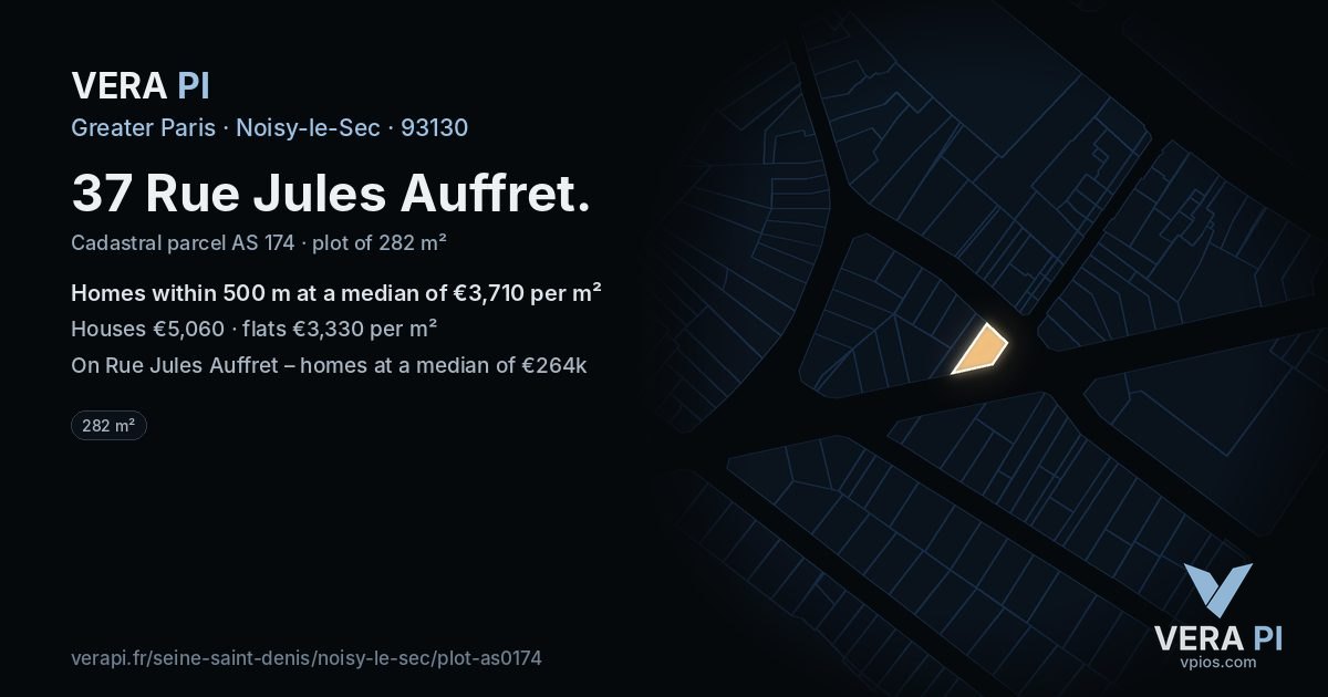 37 Rue Jules Auffret, Noisy-le-Sec at night – the plot lit, the parcels around coloured by the prices near them