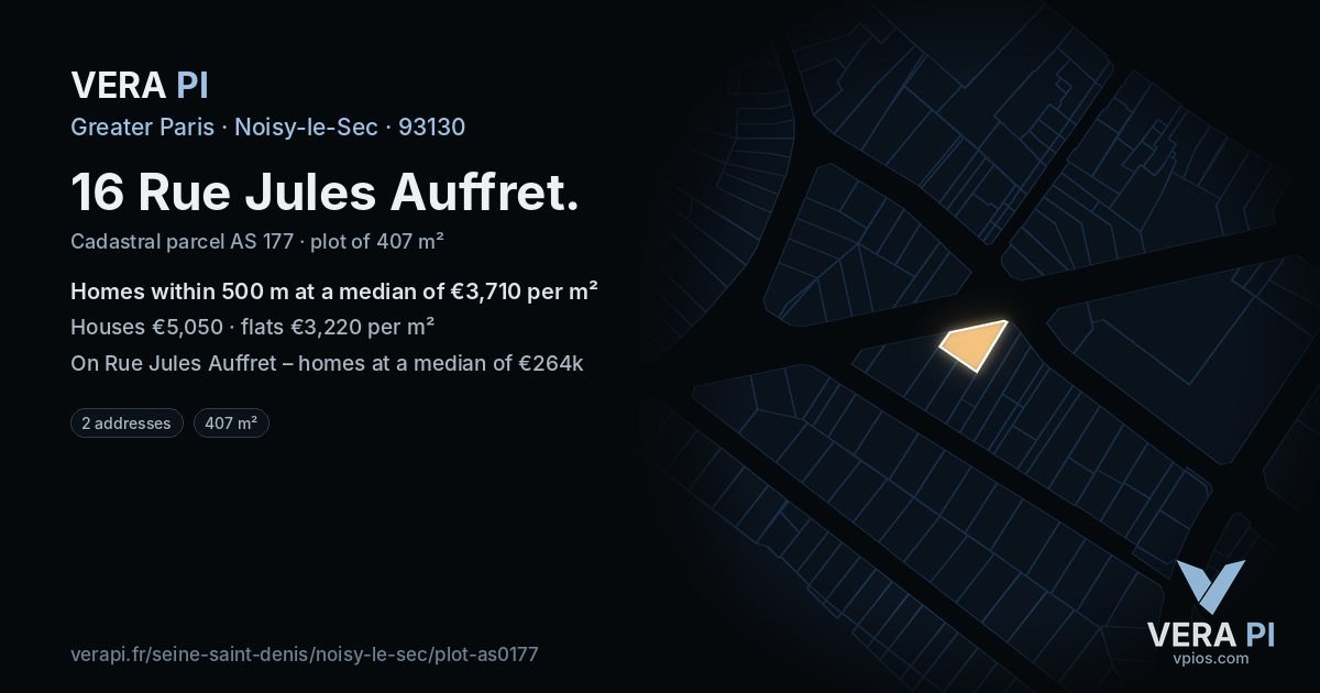 16 Rue Jules Auffret, Noisy-le-Sec at night – the plot lit, the parcels around coloured by the prices near them