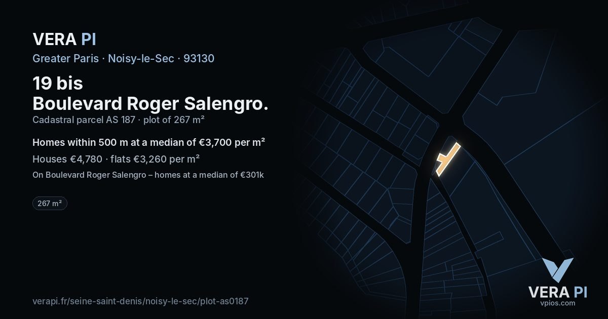 19 bis Boulevard Roger Salengro, Noisy-le-Sec at night – the plot lit, the parcels around coloured by the prices near them