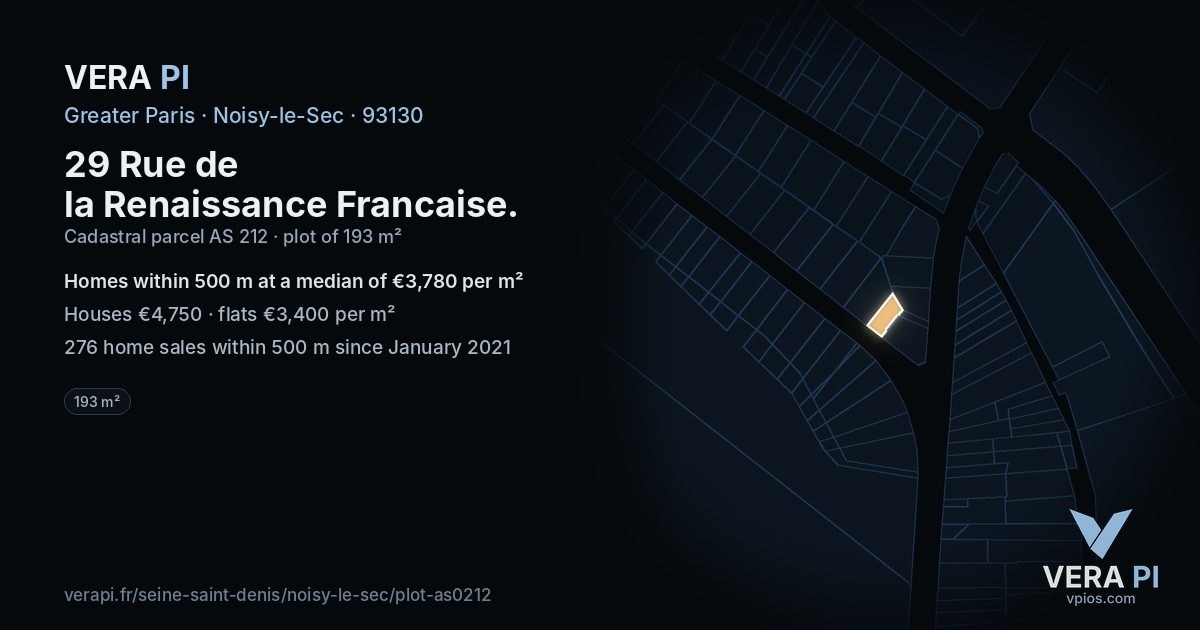 29 Rue de la Renaissance Francaise, Noisy-le-Sec at night – the plot lit, the parcels around coloured by the prices near them