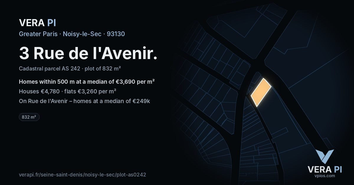 3 Rue de l'Avenir, Noisy-le-Sec at night – the plot lit, the parcels around coloured by the prices near them