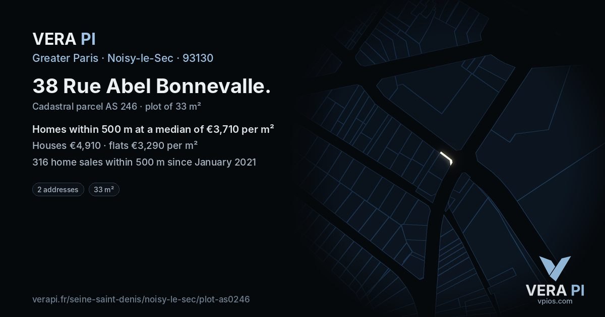 38 Rue Abel Bonnevalle, Noisy-le-Sec at night – the plot lit, the parcels around coloured by the prices near them