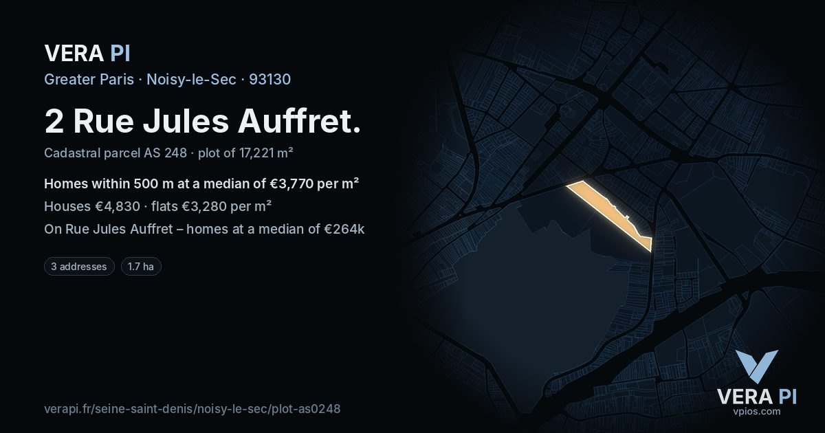 2 Rue Jules Auffret, Noisy-le-Sec at night – the plot lit, the parcels around coloured by the prices near them