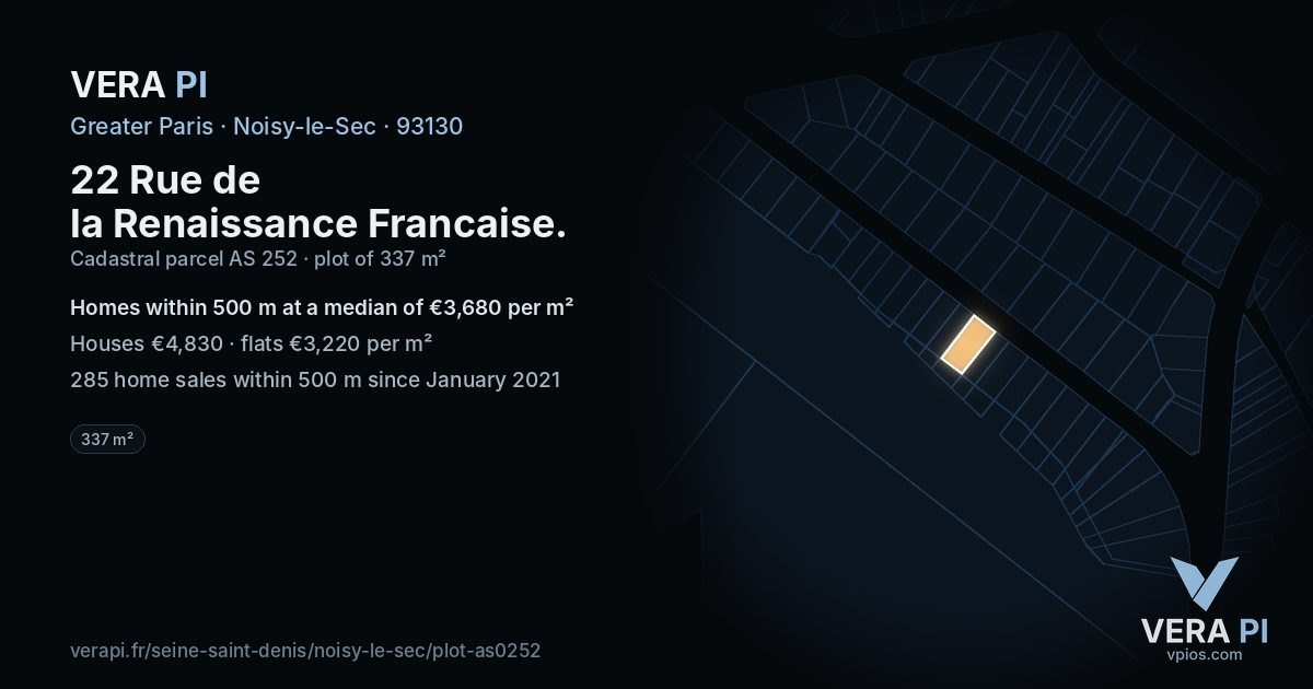22 Rue de la Renaissance Francaise, Noisy-le-Sec at night – the plot lit, the parcels around coloured by the prices near them