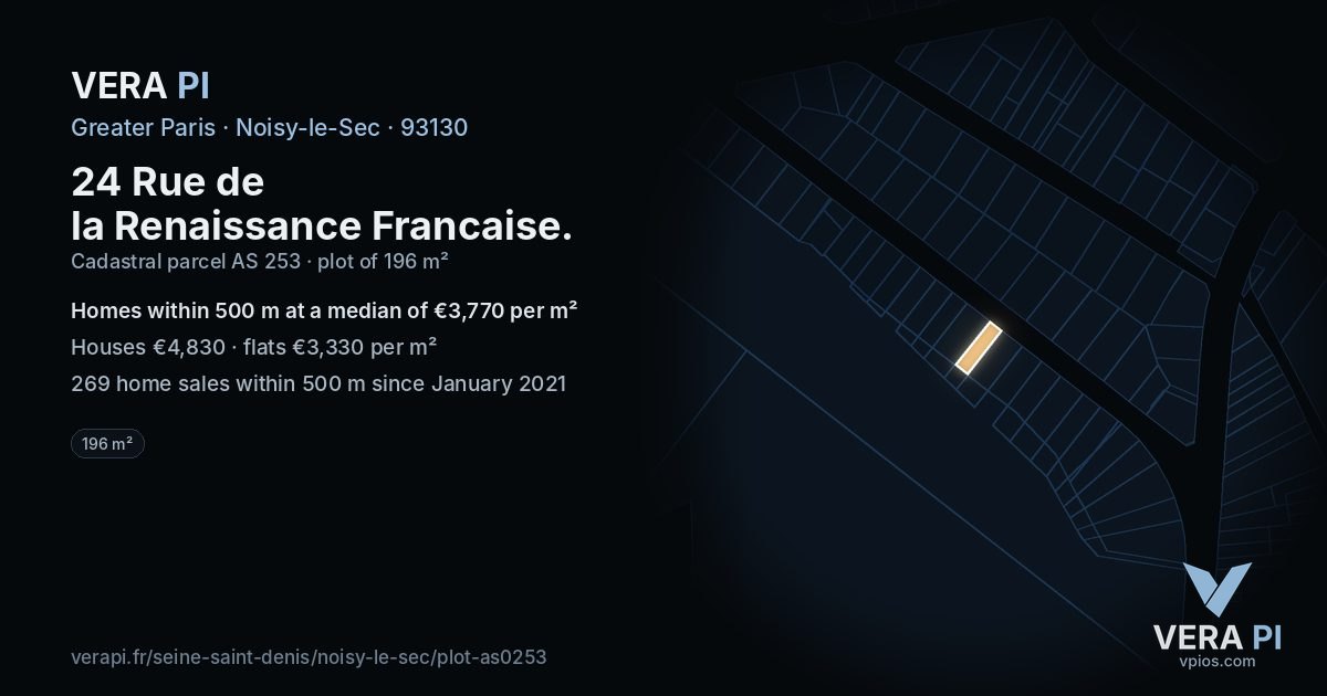 24 Rue de la Renaissance Francaise, Noisy-le-Sec at night – the plot lit, the parcels around coloured by the prices near them