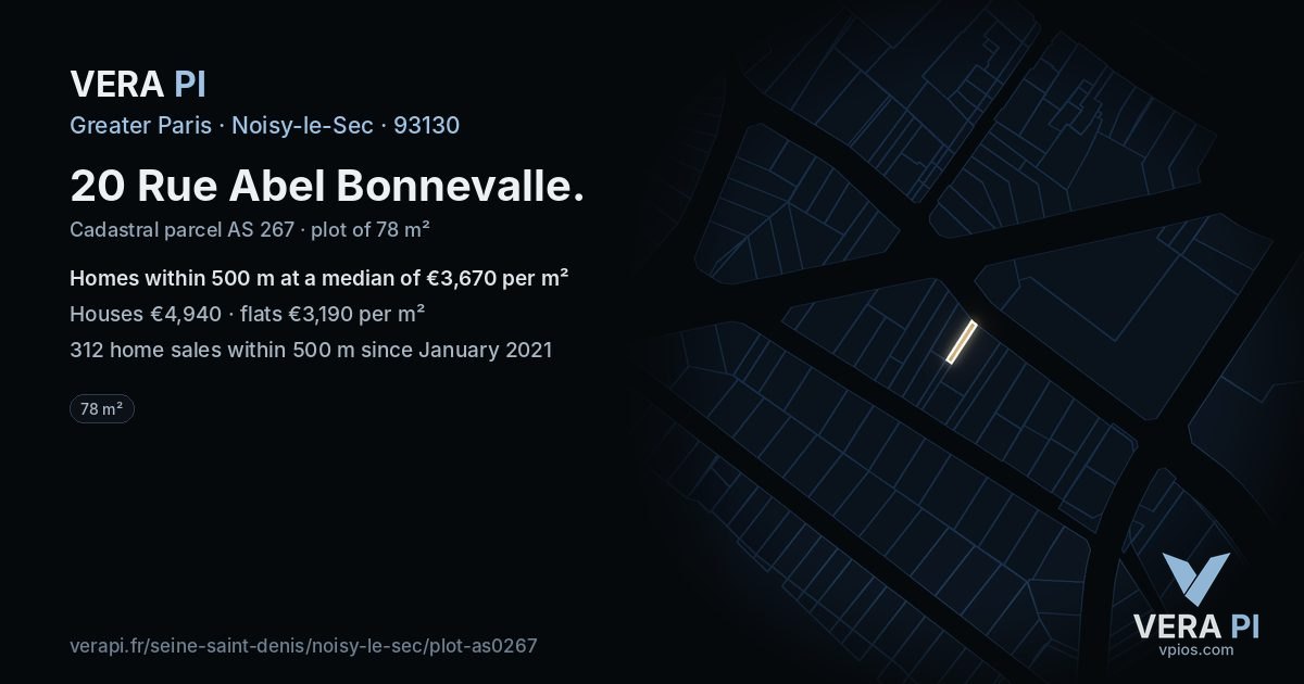 20 Rue Abel Bonnevalle, Noisy-le-Sec at night – the plot lit, the parcels around coloured by the prices near them