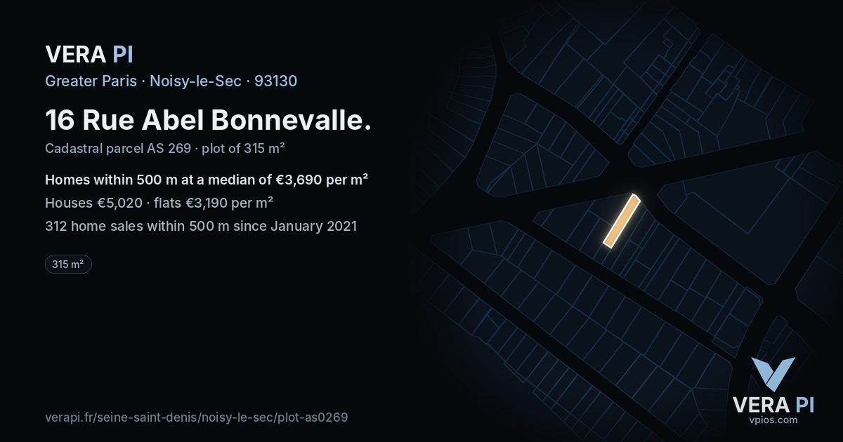 16 Rue Abel Bonnevalle, Noisy-le-Sec at night – the plot lit, the parcels around coloured by the prices near them