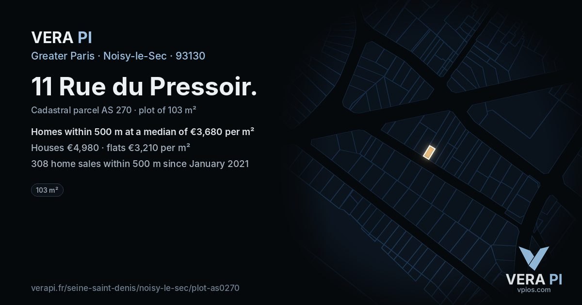 11 Rue du Pressoir, Noisy-le-Sec at night – the plot lit, the parcels around coloured by the prices near them
