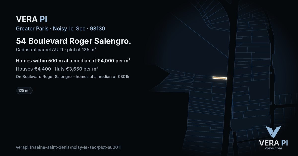 54 Boulevard Roger Salengro, Noisy-le-Sec at night – the plot lit, the parcels around coloured by the prices near them