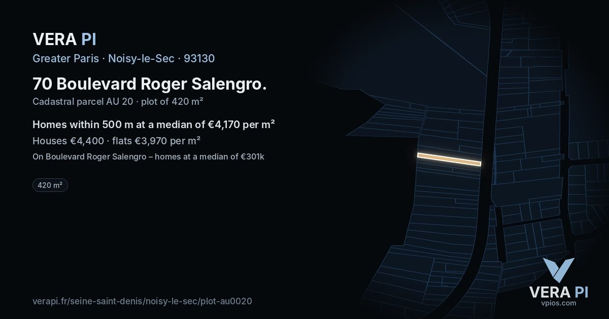 70 Boulevard Roger Salengro, Noisy-le-Sec at night – the plot lit, the parcels around coloured by the prices near them