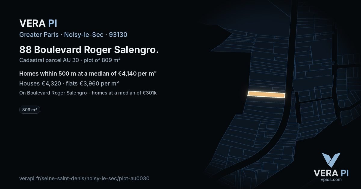 88 Boulevard Roger Salengro, Noisy-le-Sec at night – the plot lit, the parcels around coloured by the prices near them