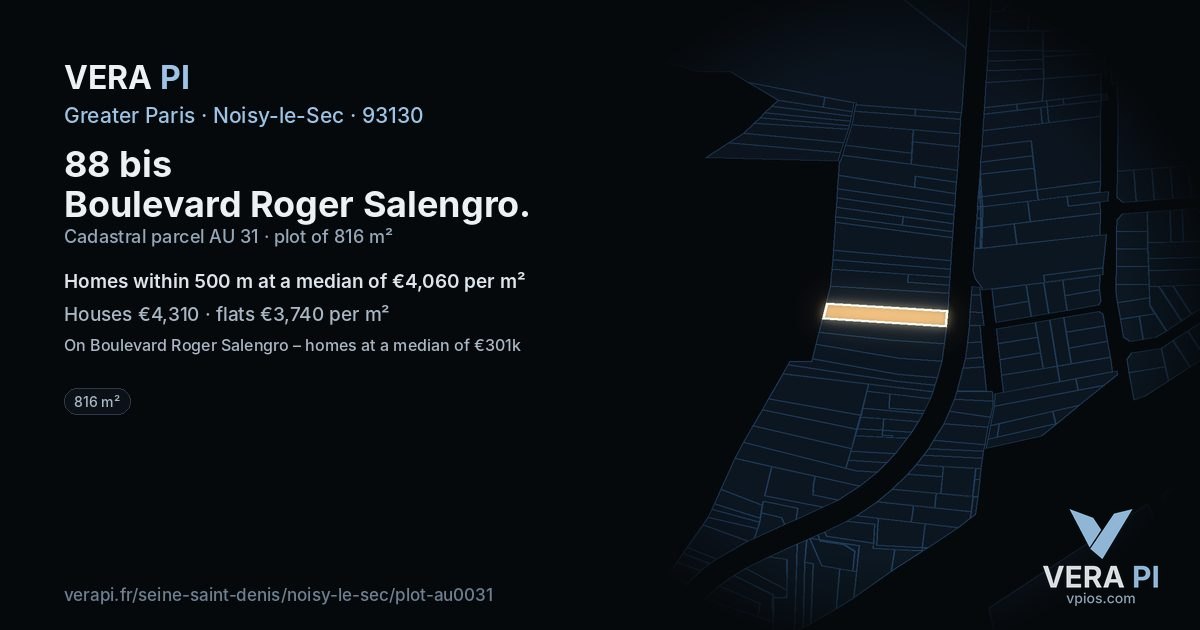 88 bis Boulevard Roger Salengro, Noisy-le-Sec at night – the plot lit, the parcels around coloured by the prices near them