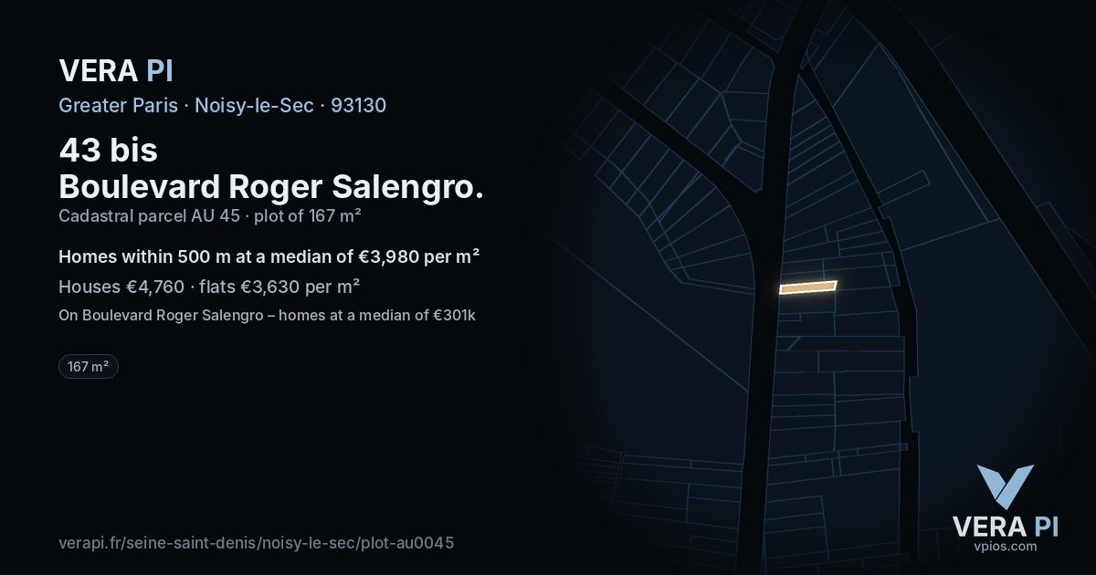 43 bis Boulevard Roger Salengro, Noisy-le-Sec at night – the plot lit, the parcels around coloured by the prices near them