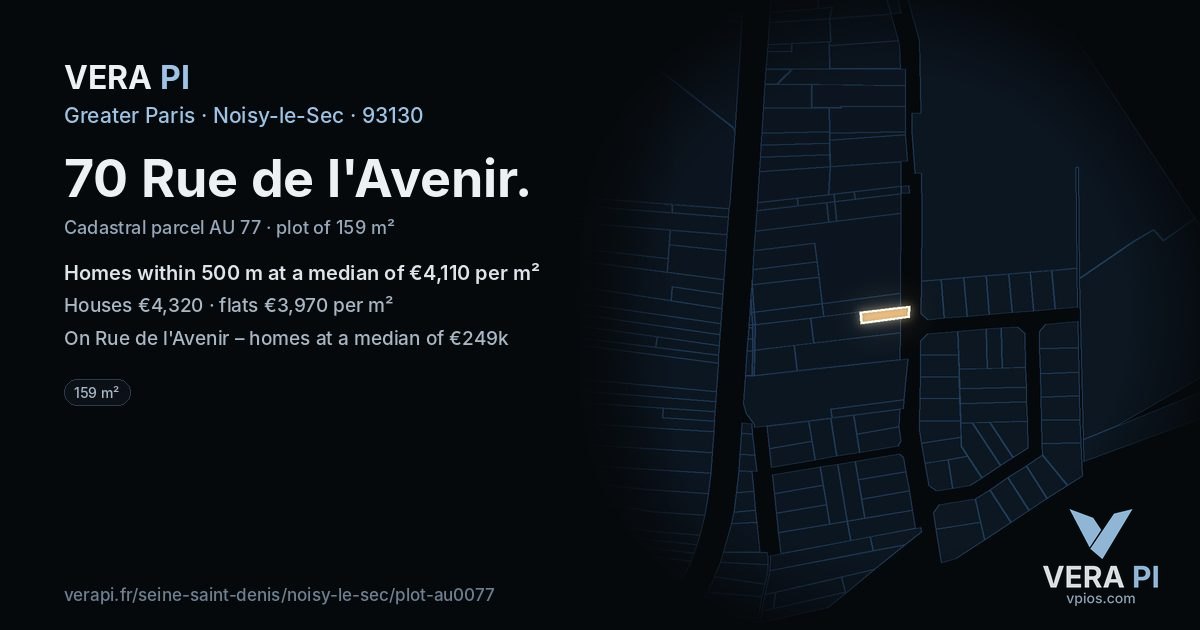 70 Rue de l'Avenir, Noisy-le-Sec at night – the plot lit, the parcels around coloured by the prices near them