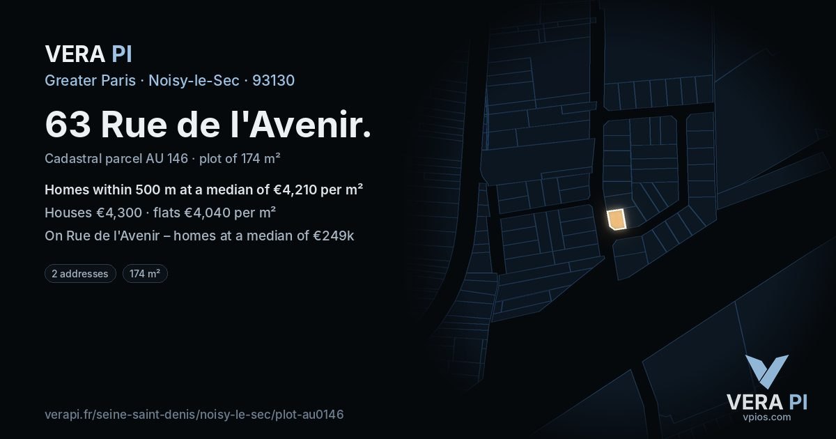 63 Rue de l'Avenir, Noisy-le-Sec at night – the plot lit, the parcels around coloured by the prices near them