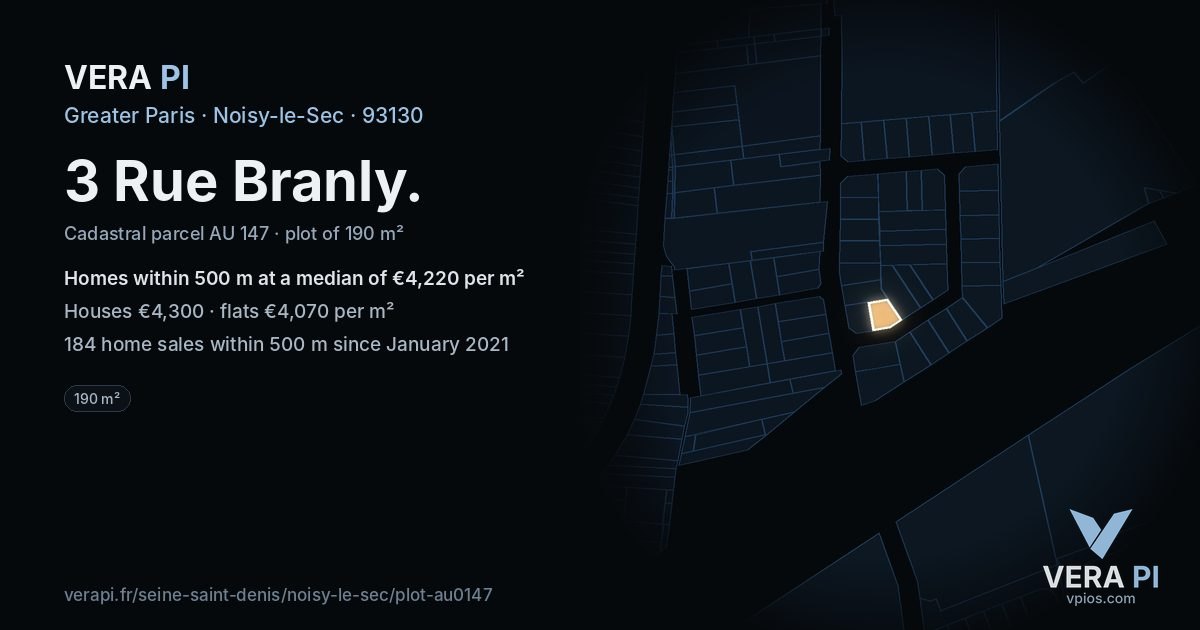 3 Rue Branly, Noisy-le-Sec at night – the plot lit, the parcels around coloured by the prices near them