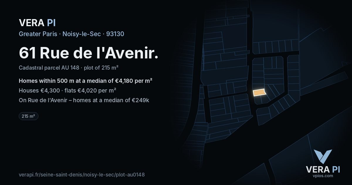 61 Rue de l'Avenir, Noisy-le-Sec at night – the plot lit, the parcels around coloured by the prices near them