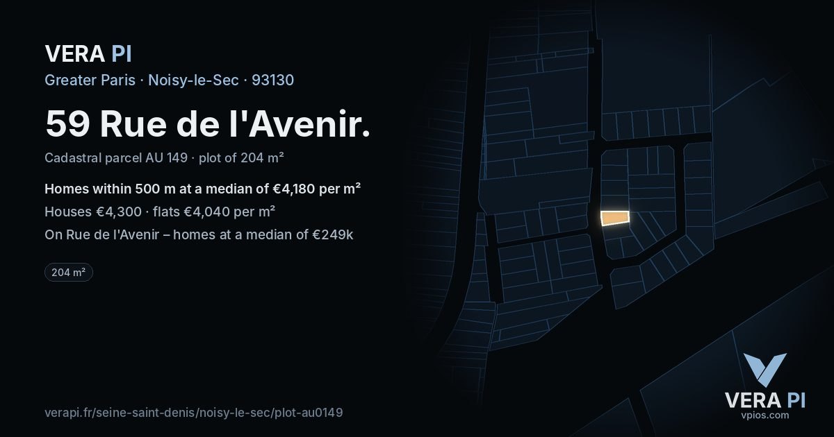 59 Rue de l'Avenir, Noisy-le-Sec at night – the plot lit, the parcels around coloured by the prices near them