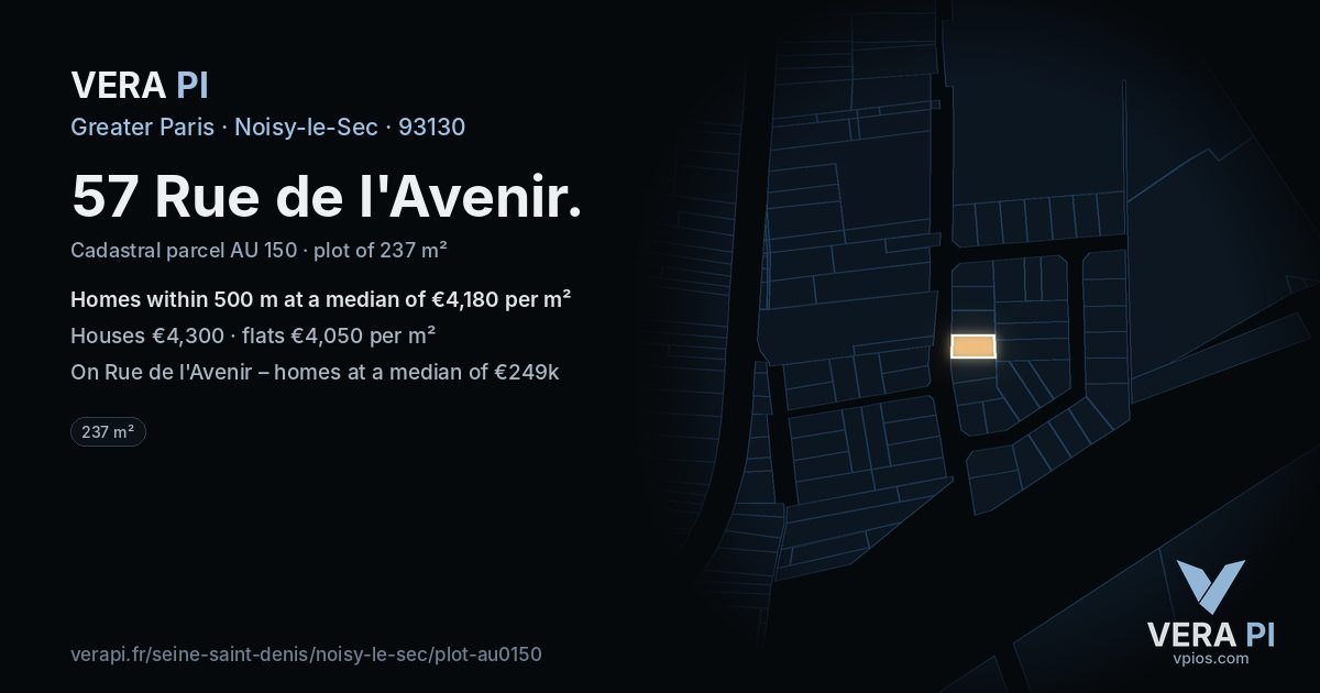 57 Rue de l'Avenir, Noisy-le-Sec at night – the plot lit, the parcels around coloured by the prices near them