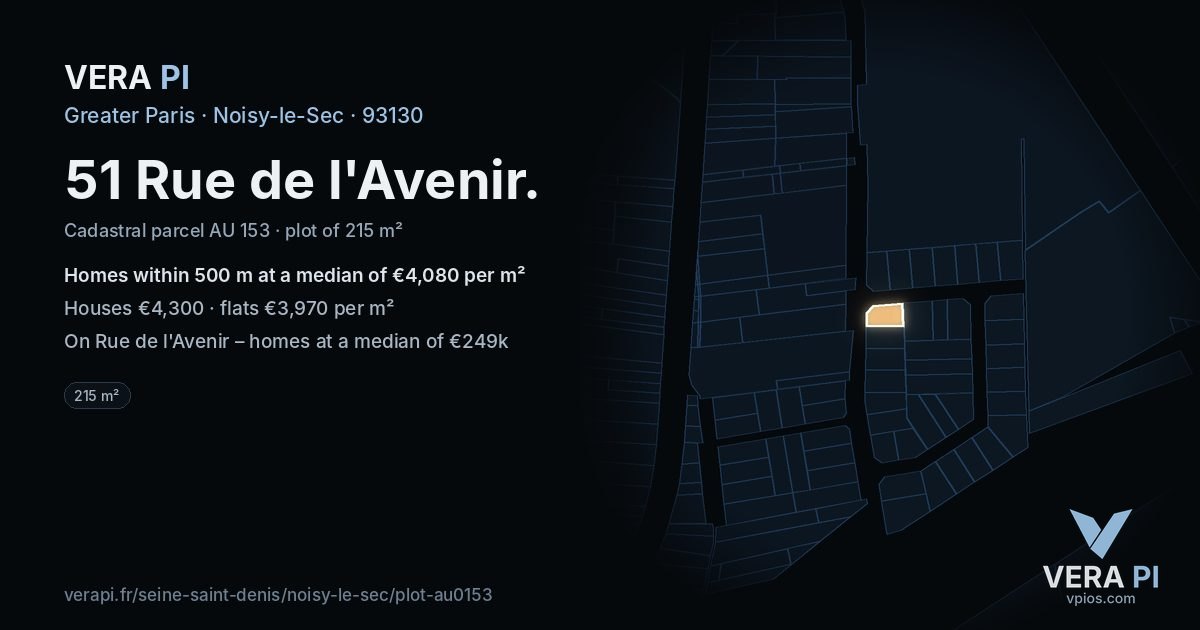 51 Rue de l'Avenir, Noisy-le-Sec at night – the plot lit, the parcels around coloured by the prices near them