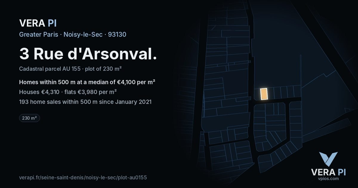 3 Rue d'Arsonval, Noisy-le-Sec at night – the plot lit, the parcels around coloured by the prices near them
