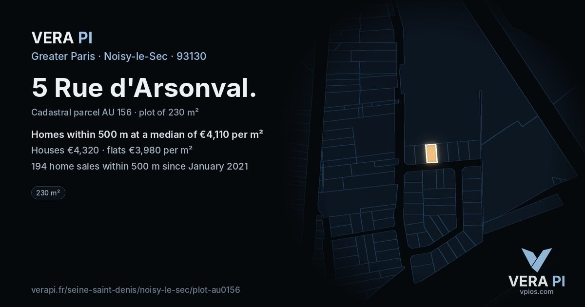 5 Rue d'Arsonval, Noisy-le-Sec at night – the plot lit, the parcels around coloured by the prices near them